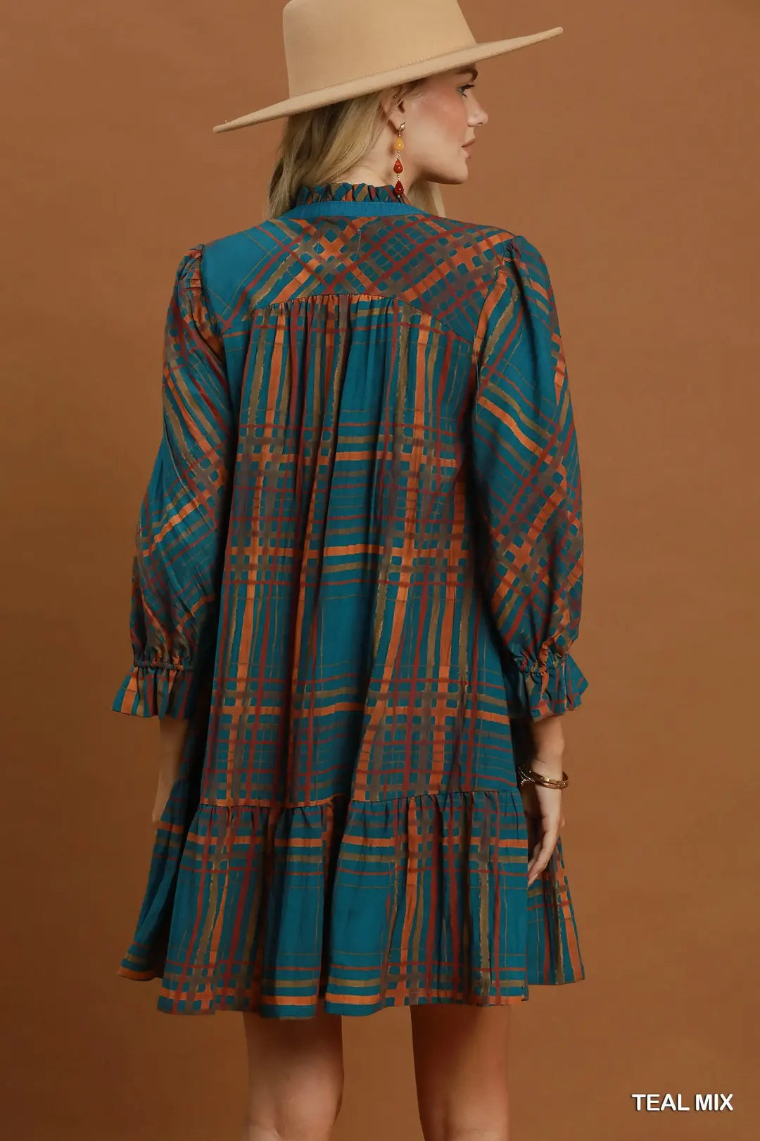 Umgee Mix Plaid Tiered Babydoll Dress-Teal Mix