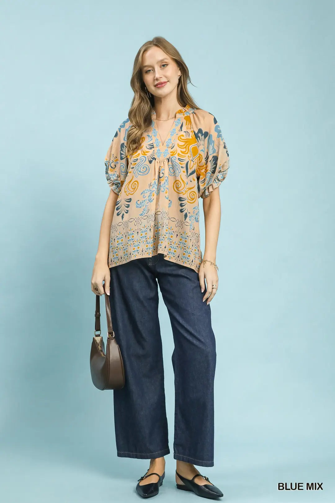 Umgee Border Print Puff Sleeve V-Neck Blouse-Blue Mix