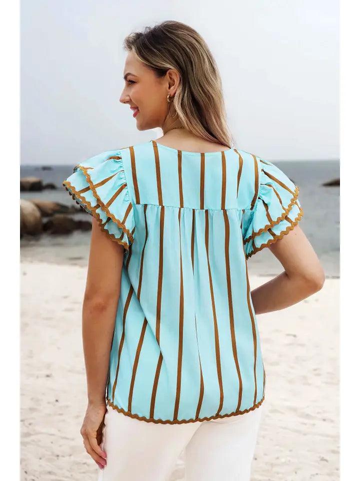 Ricrac Trim Double Ruffled Short Sleeve V Neck Blouse