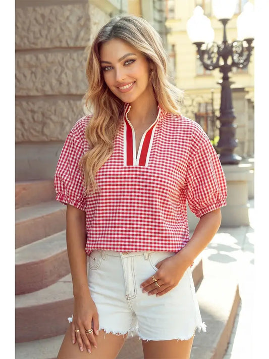 Gingham Short Sleeve Colorblock Trim Split Neck Blouse