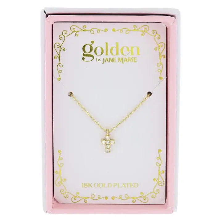 Jane Marie Kids 14" 18K Gold Plated Pave Mini Crystal Cross Necklace