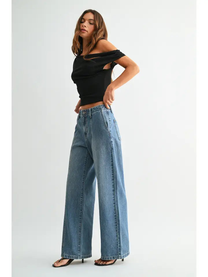 JBD No Pocket Seamed Trouser Wide Leg - Medium Denim