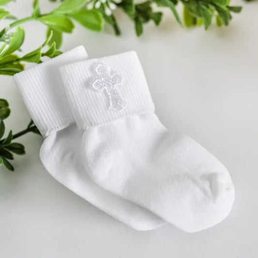 Cherished Moments White Baby Baptism or Christening Dress Socks with Cross