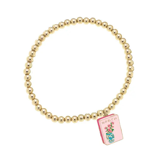 Canvas Style Mahjong Tile Ball Bead Stretch Bracelet in Shiny Gold