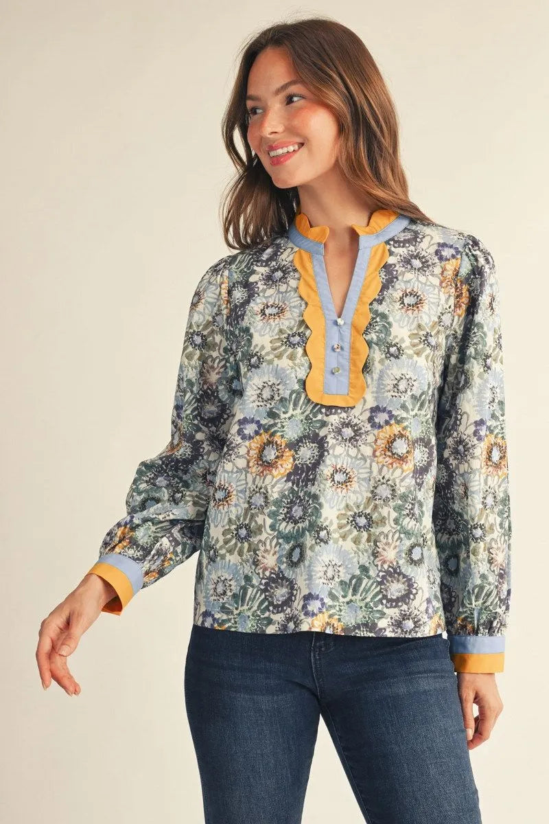 Entro Long Sleeves Notched V Neck Floral Top