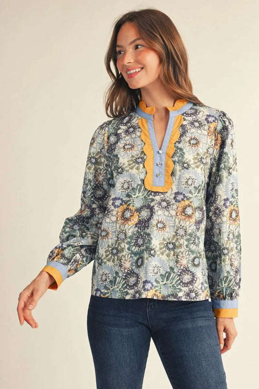 Entro Long Sleeves Notched V Neck Floral Top
