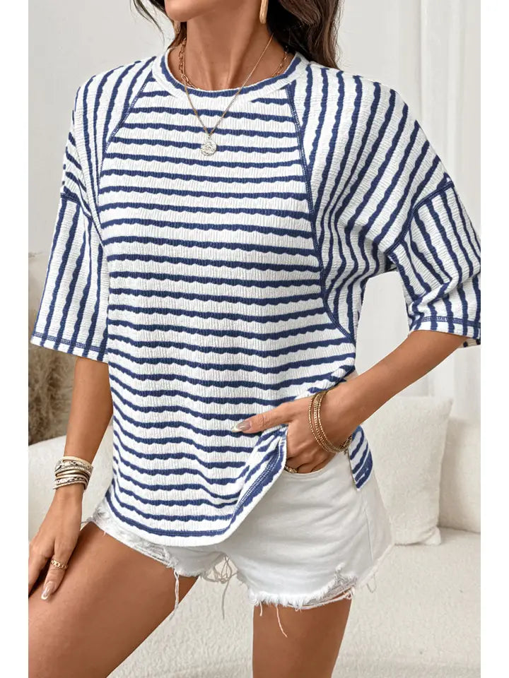 Stripe Textured Knit Split Hem Half Sleeve Top