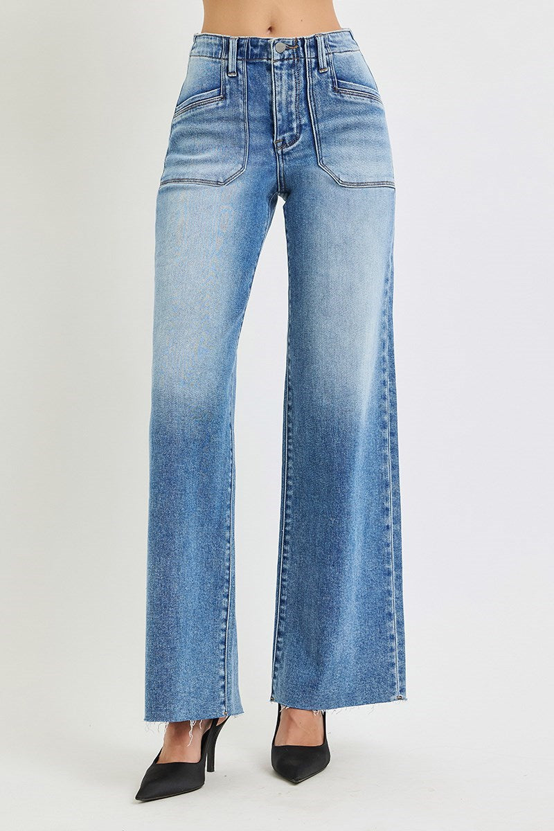 RISEN HIGH RISE WIDE LEG JEANS WITH FRONT PATCH POCKET DETAIL