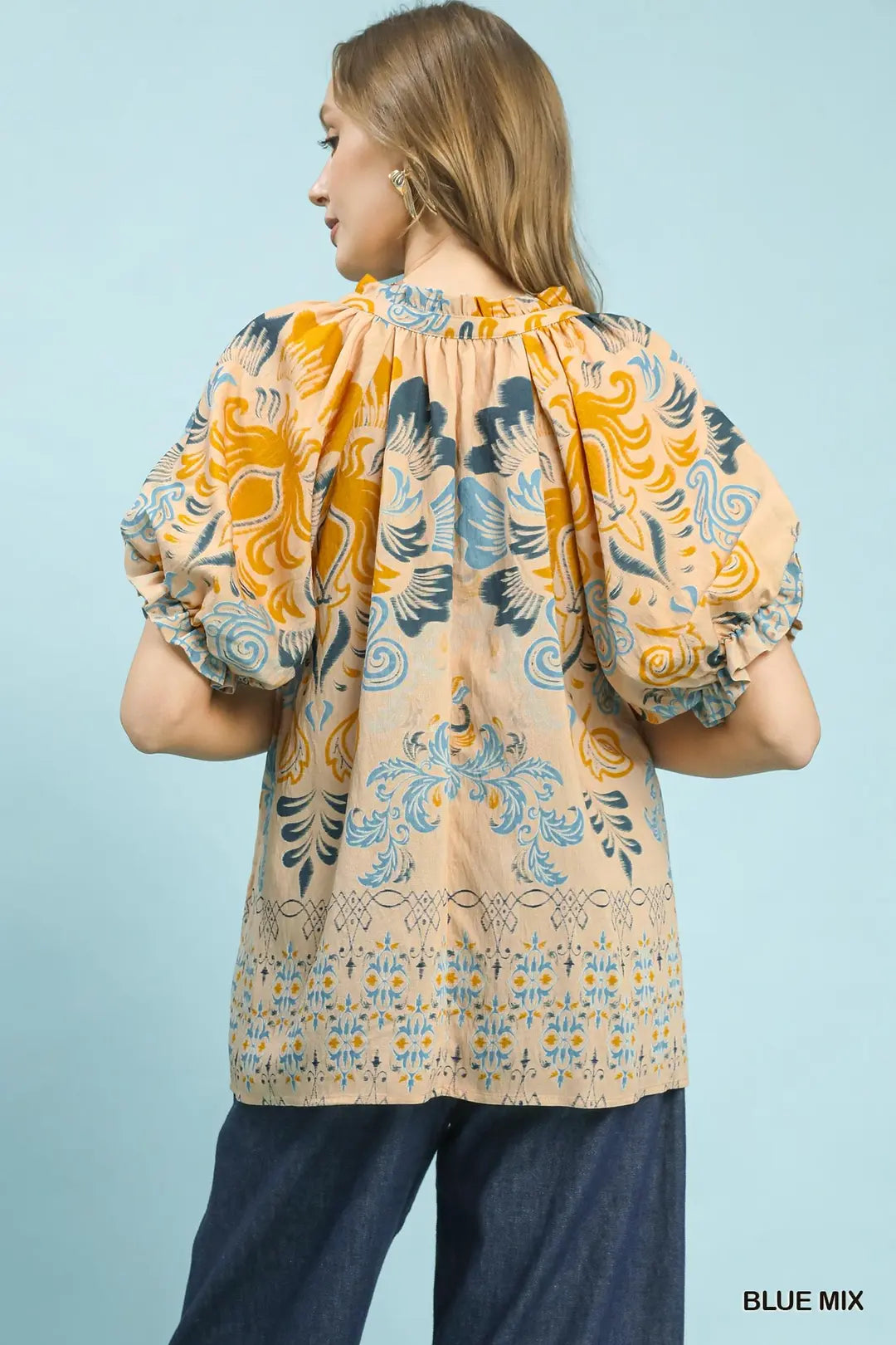 Umgee Border Print Puff Sleeve V-Neck Blouse-Blue Mix