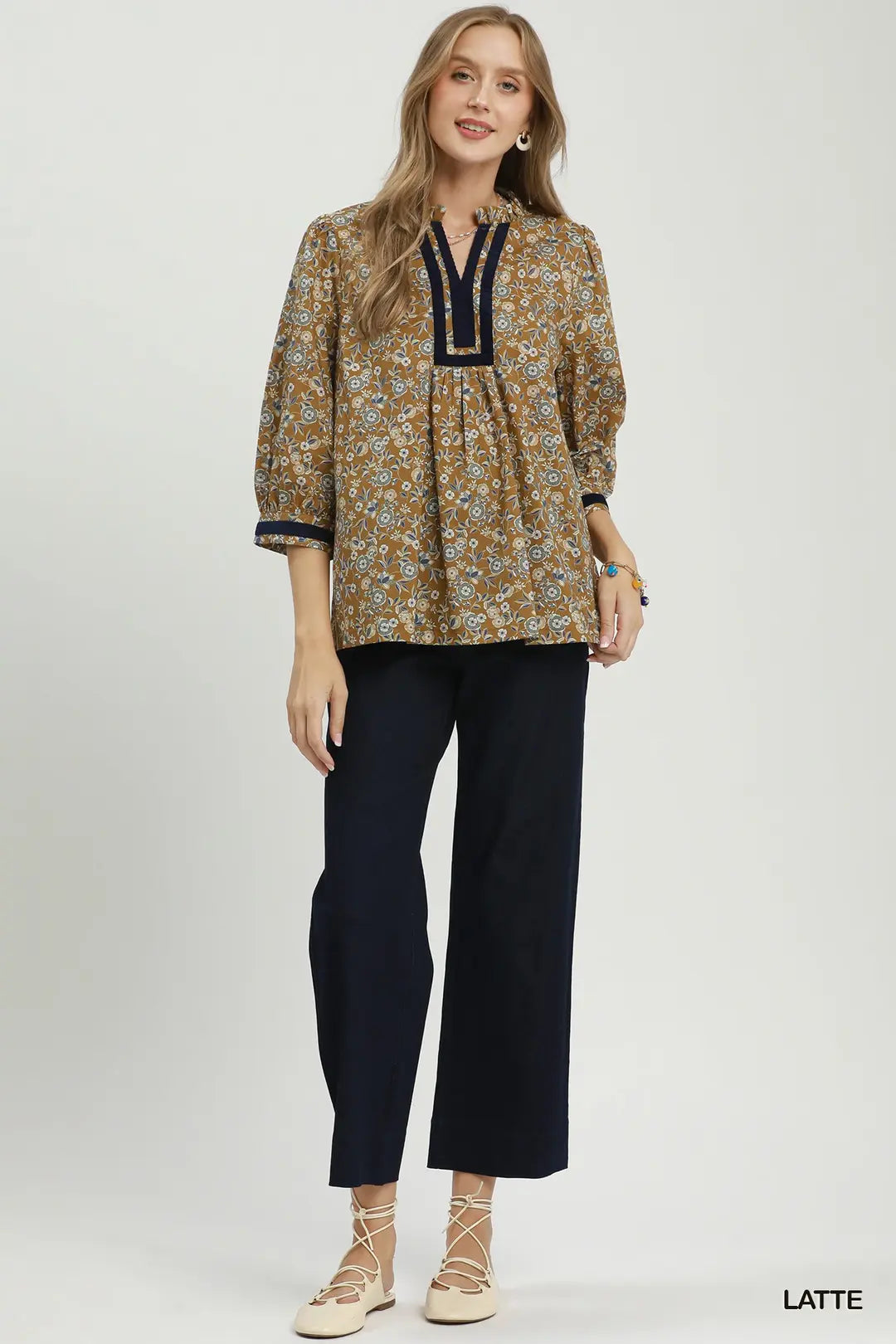 Umgee Floral Contrast Trim Peasant Blouse