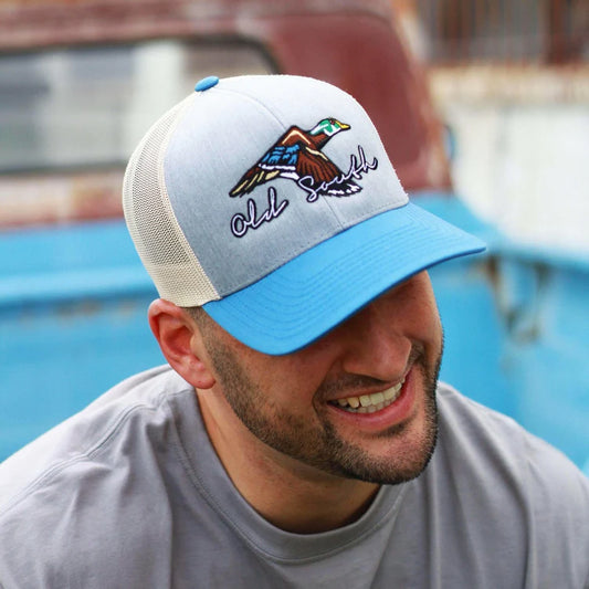 Old South Flying Wood Duck - Trucker Hat-HEATHER GREY / OCEAN BLUE / BEIGE  Heather Grey / Ocean Blue / Beige