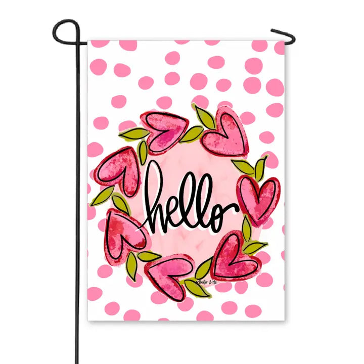 Baxter & Me Hello Heart Vine Wreath Pink Dots Garden Flag