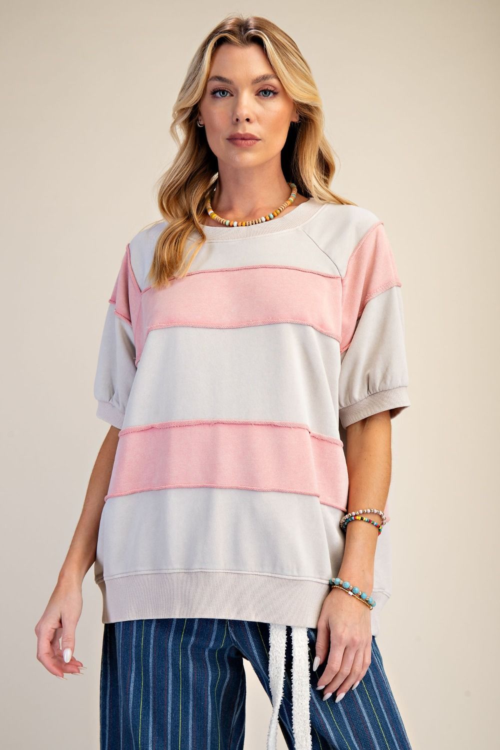 EASEL RUGBY STRIPE MINERAL WASHED BOXY TOP-KHAKI