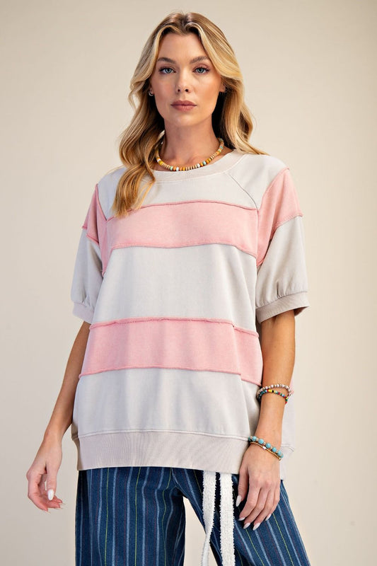 EASEL RUGBY STRIPE MINERAL WASHED BOXY TOP-KHAKI