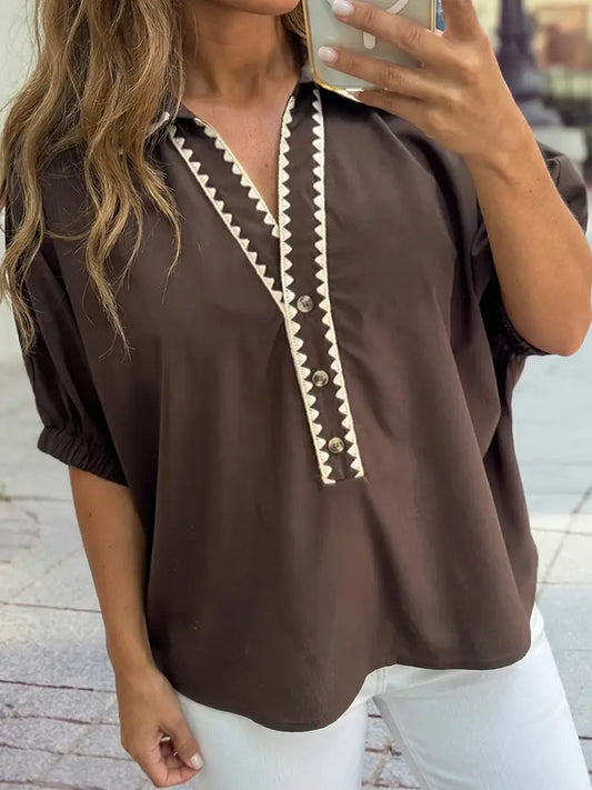 Shirt Collar Contrast Trim Button V Neck Short Sleeve Blouse