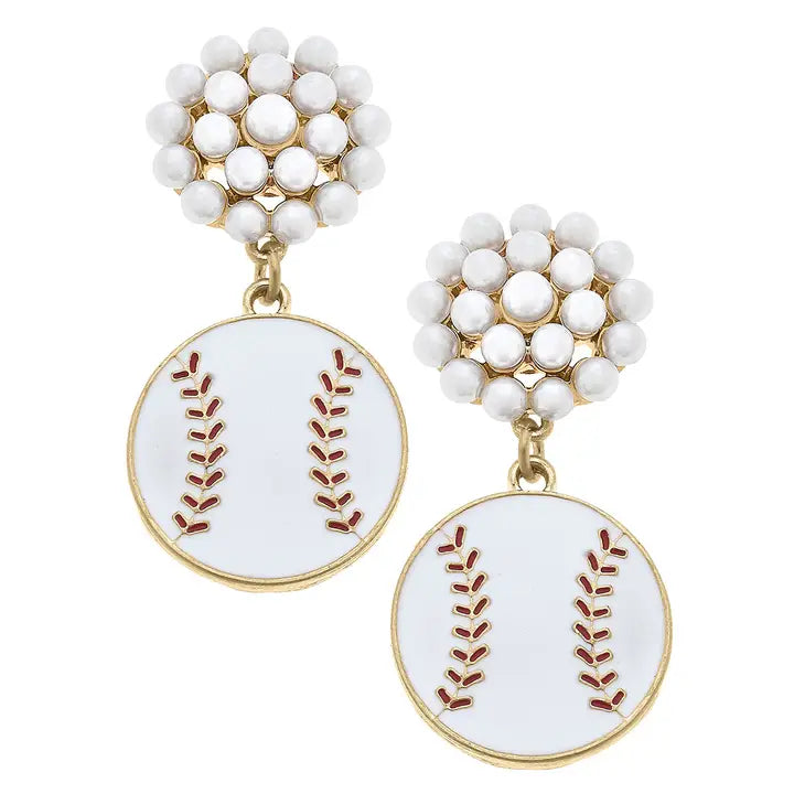 Canvas Style Baseball Pearl Cluster Enamel Drop Earrings in White & Red