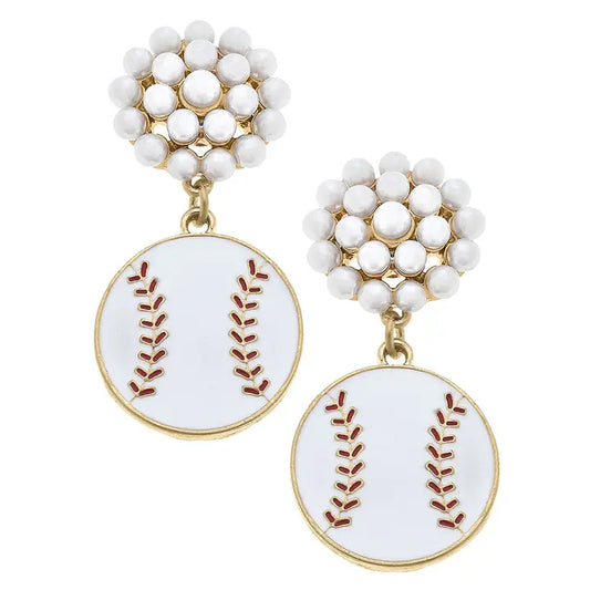 Canvas Style Baseball Pearl Cluster Enamel Drop Earrings in White & Red