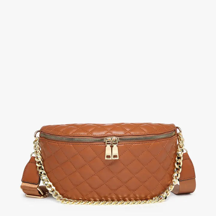 Jen & Co Sylvie Quilted Belt Bag – Chain Strap-Brown
