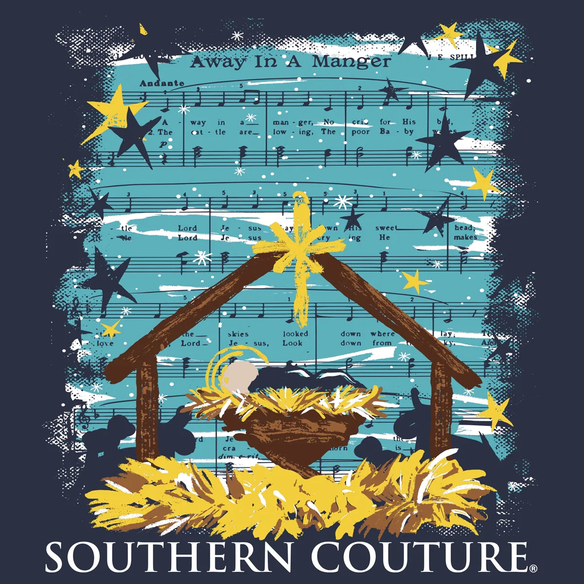 SOUTHERN COUTURE CLASSIC AWAY IN A MANGER SCENE HOLIDAY LONG SLEEVE T-SHIRT