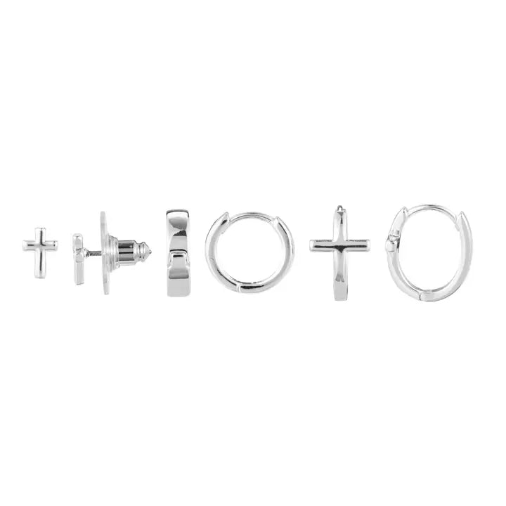 Demdaco Dainty Cross Earrings Set of 3 - Silver