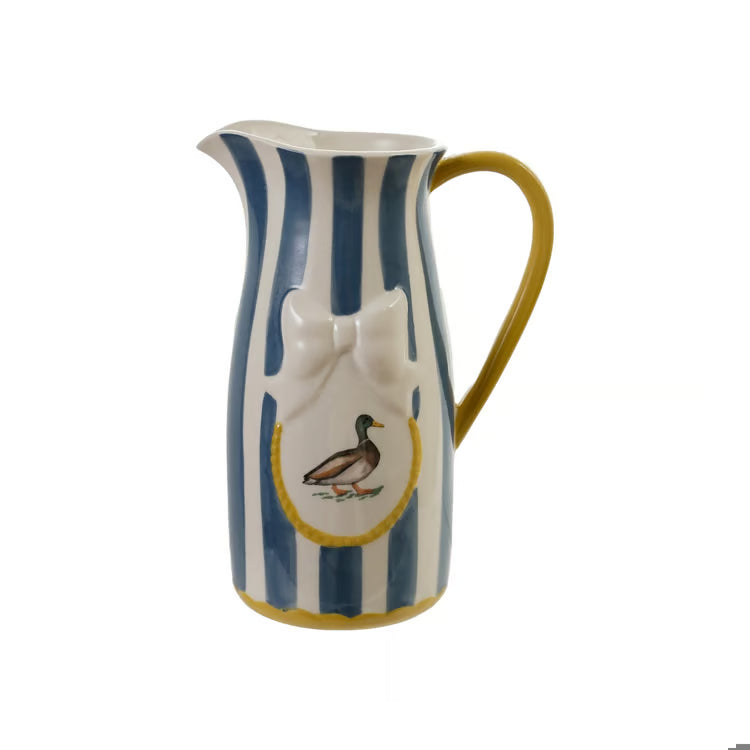 HAZEL MAZEL Stoneware Striped Pitcher W Bird & Bow