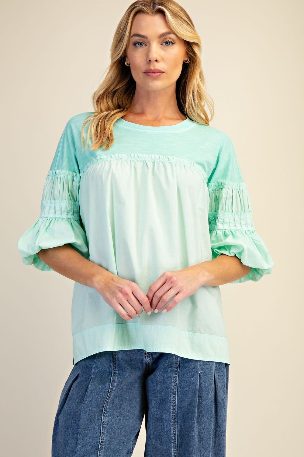 EASEL WASHED COTTON VOILE TOP-ATLANTIS GREEN