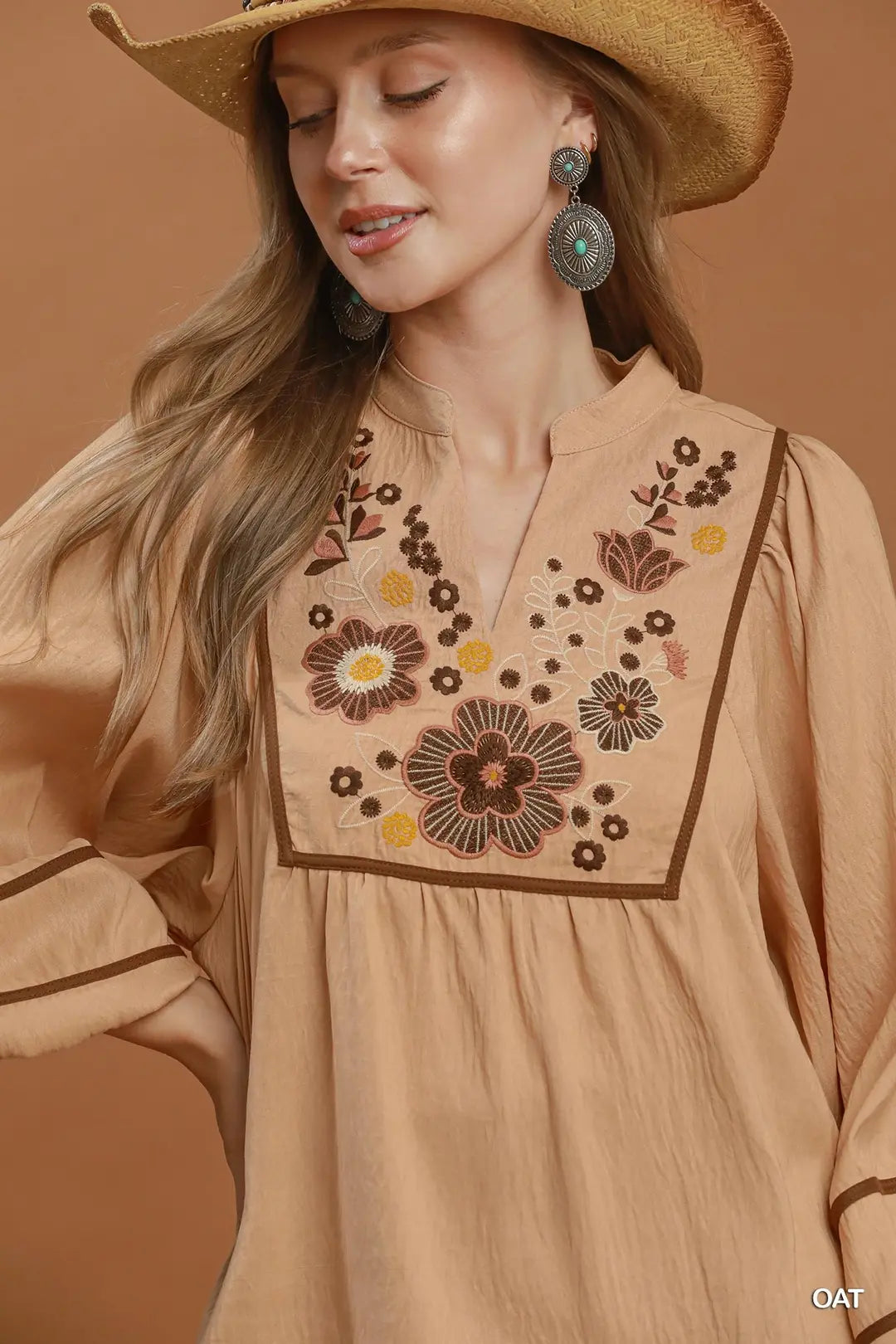 Umgee Floral Embroidered Split Neck Babydoll Blouse-Oat