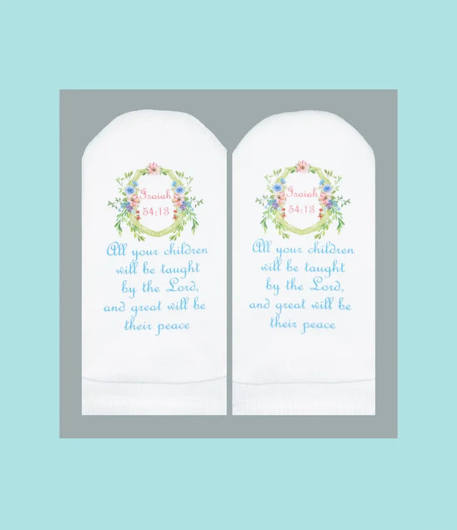 Standing on the Word Socks Flower Crest with verse: Isaiah 54:13 all your children