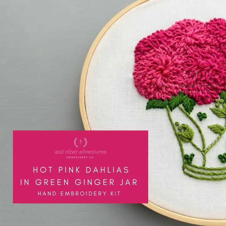 And Other Adventures Embroidery Co Hand Embroidery Kit - Hot Pink Dahlias in Green Ginger Jar