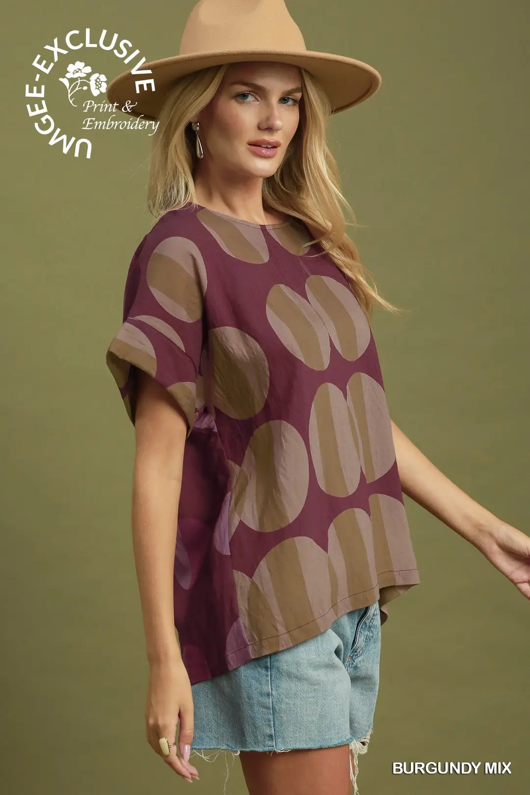 Umgee Oversized Geometric Circle Print Dolman Sleeve Top-Burgundy Mix