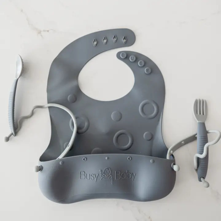 Busy Baby Stop-Drop Travel Bib+ Utensils-Pewter