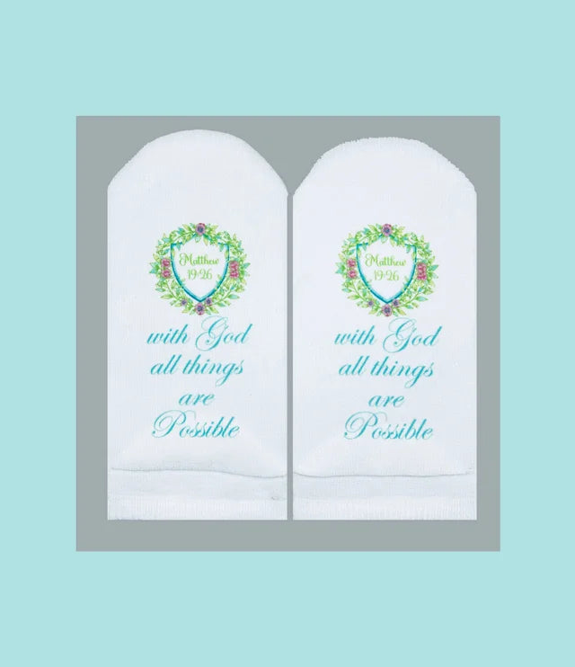 Standing on the Word Socks Crest with Bible Verse : Matthew 19:26 with God all things are possible