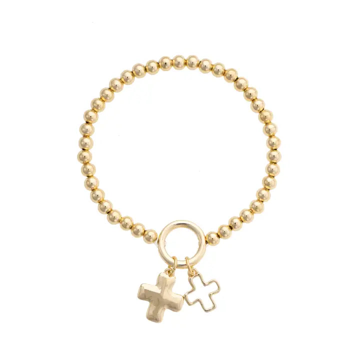 Canvas Style Loretta Cross Charm Ball Bead Bracelet in Shiny Gold