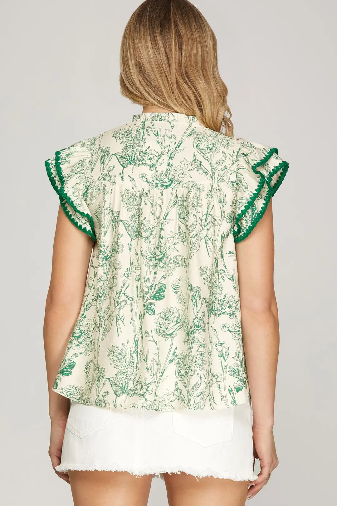 SHE + SKY RUFFLE SLEEVE WITH CONTRAST STITCH PRINTED WOVEN TOP-GREEN