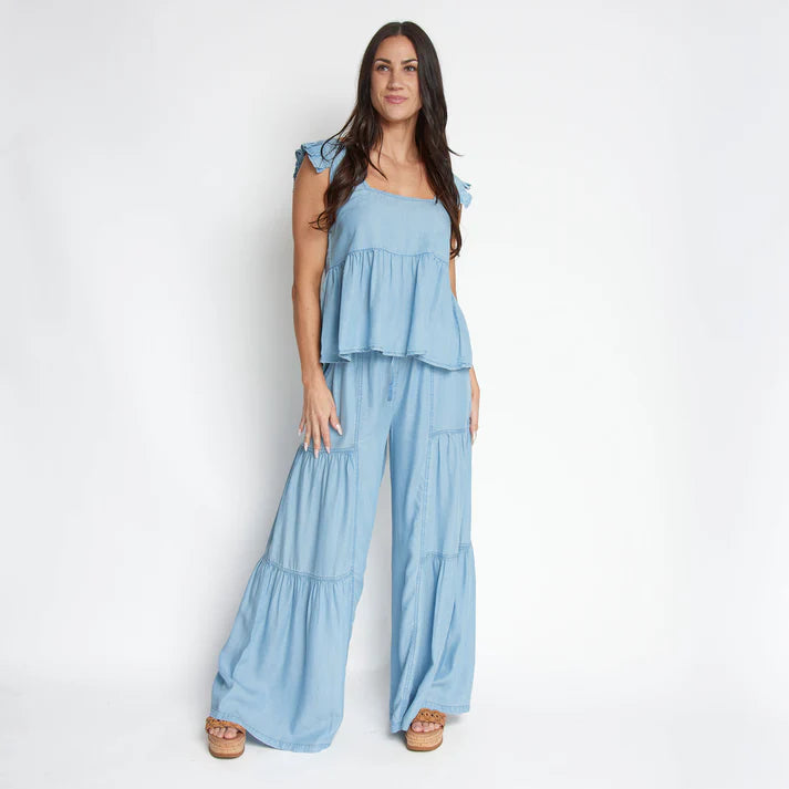 ELSIE & ZOEY  Delaney Wide Leg Tiered Drawstring Chambray Pants