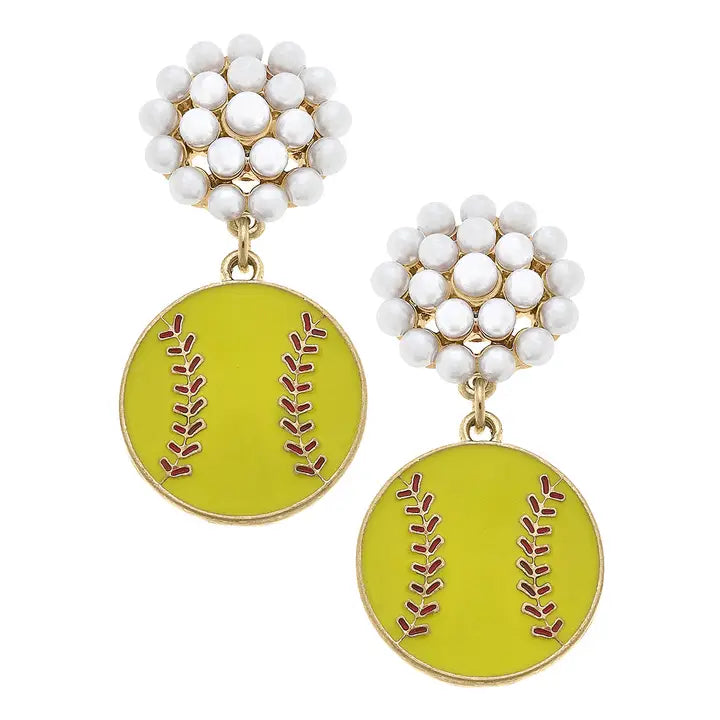 Softball Pearl Cluster Enamel Drop Earrings in Fluorescent Yellow