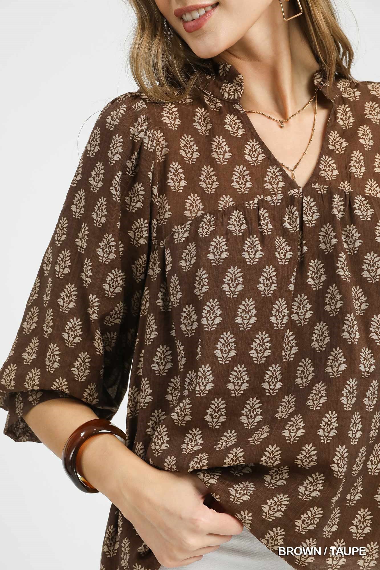 Umgee Floral Print V-Split Blouse