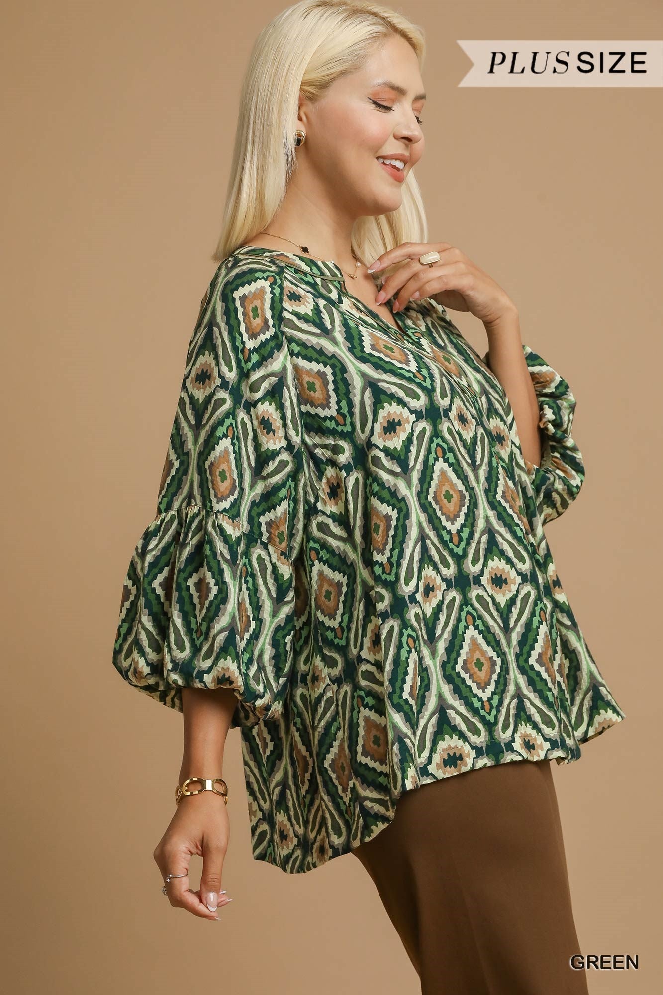 Umgee Boho Geo Print Ruffle Sleeve Top
