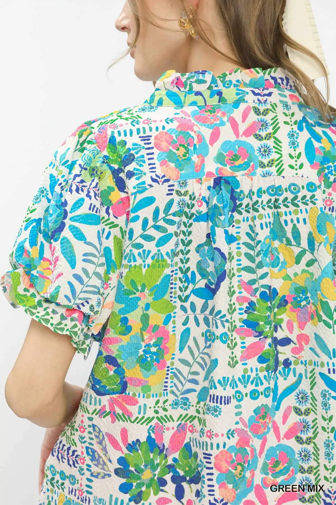 Umgee Botanical Print Flutter Sleeve Blouse