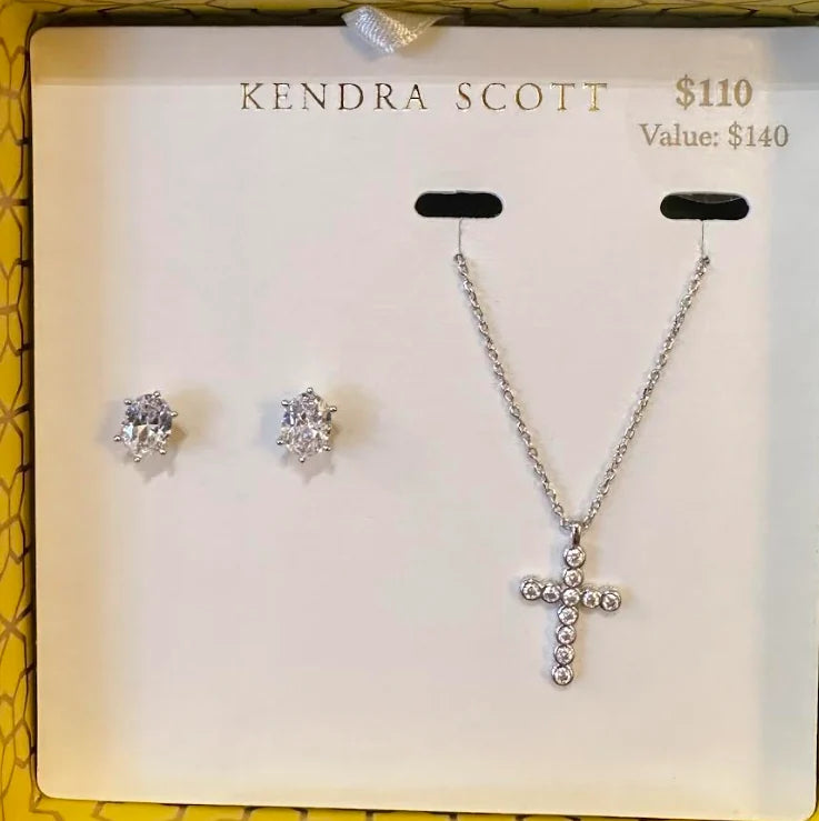 KENDRA SCOTT CROSS CRYSTAL AND CAILIN CRYSTAL GIFT SET SILVER WHITE CZ