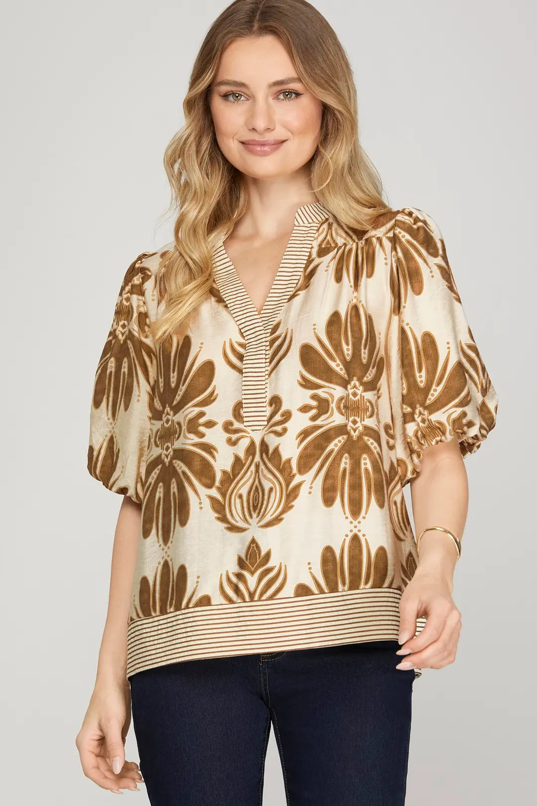 She + Sky Bubble Sleeve Printed Woven Top-Camel