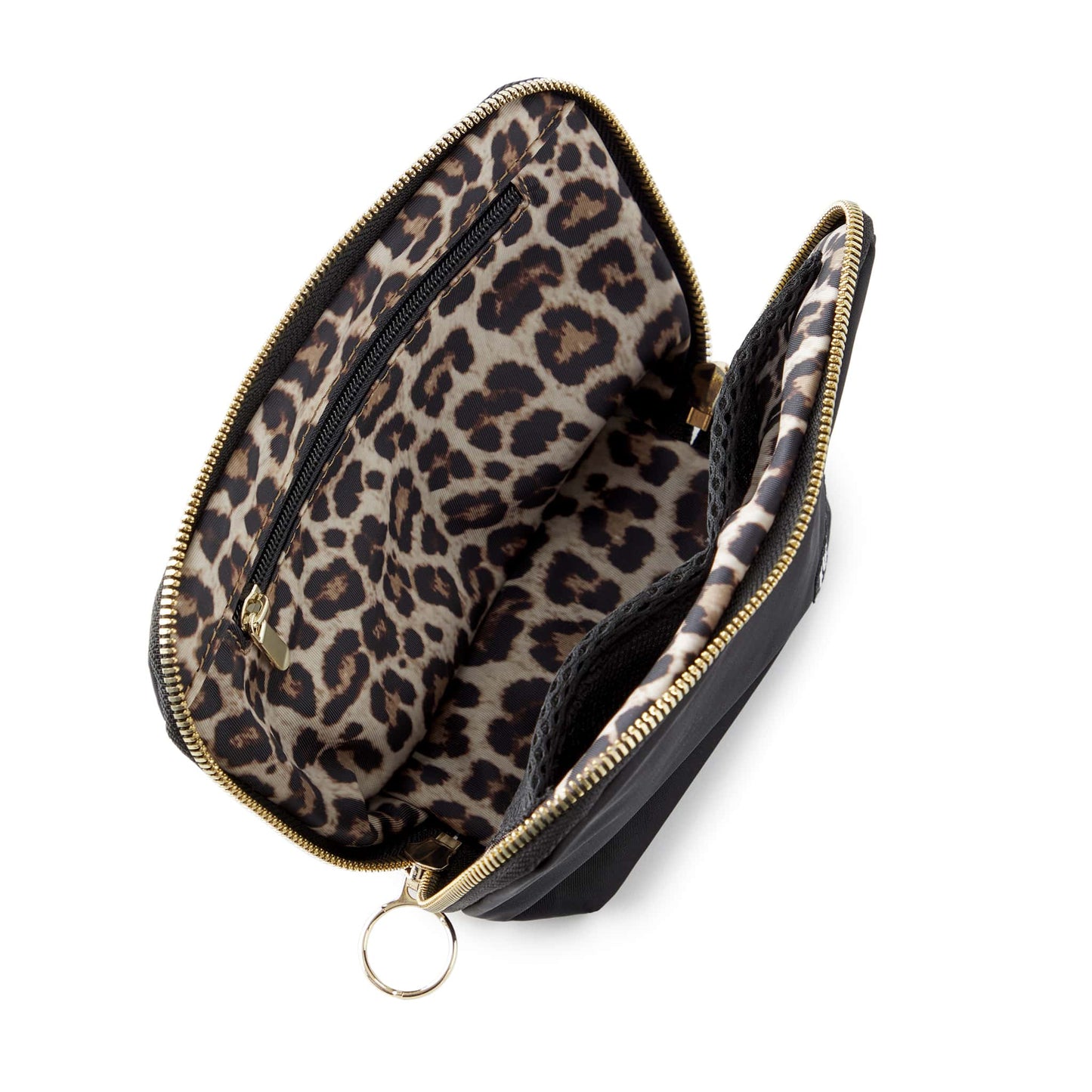 Kusshi Satin Black Fabric with Leopard Interior Everyday Makeup Bag