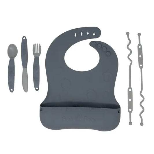 Busy Baby Stop-Drop Travel Bib+ Utensils-Pewter