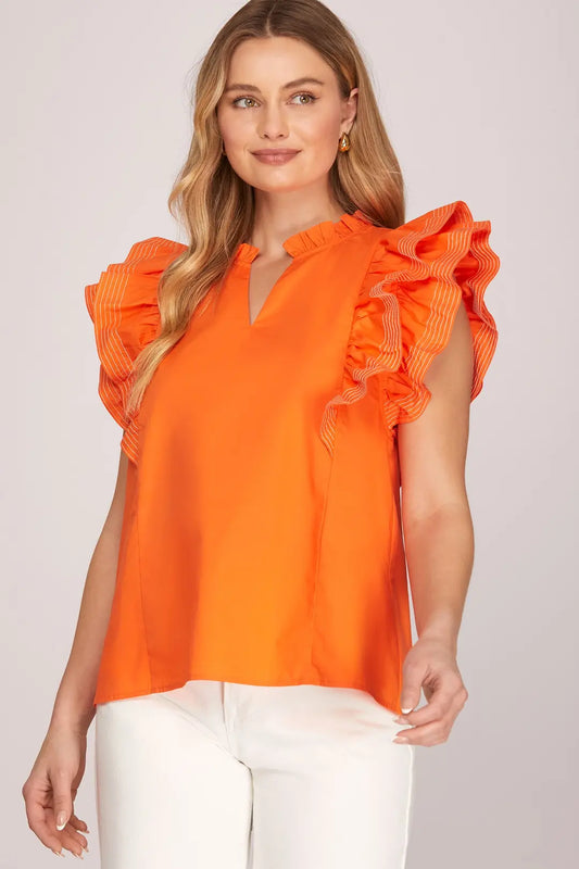 SHE + SKY RUFFLE SLEEVE STITCH DETAIL GAME DAY WOVEN TOP-ORANGE