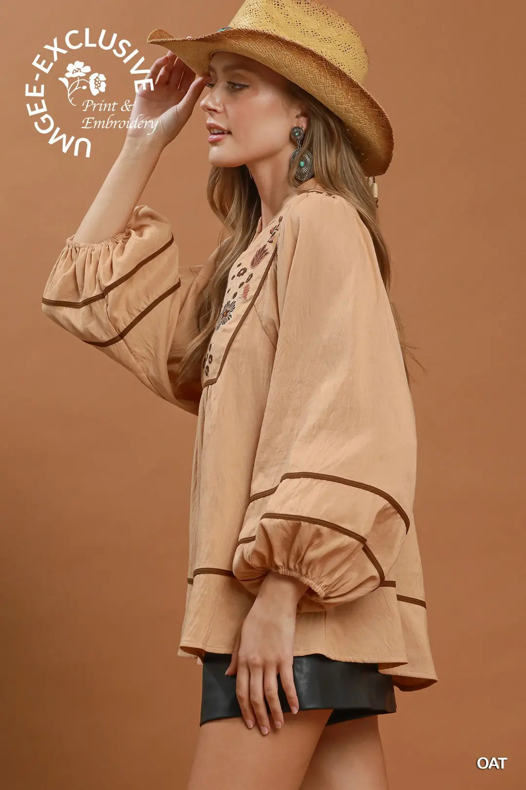 Umgee Floral Embroidered Split Neck Babydoll Blouse-Oat