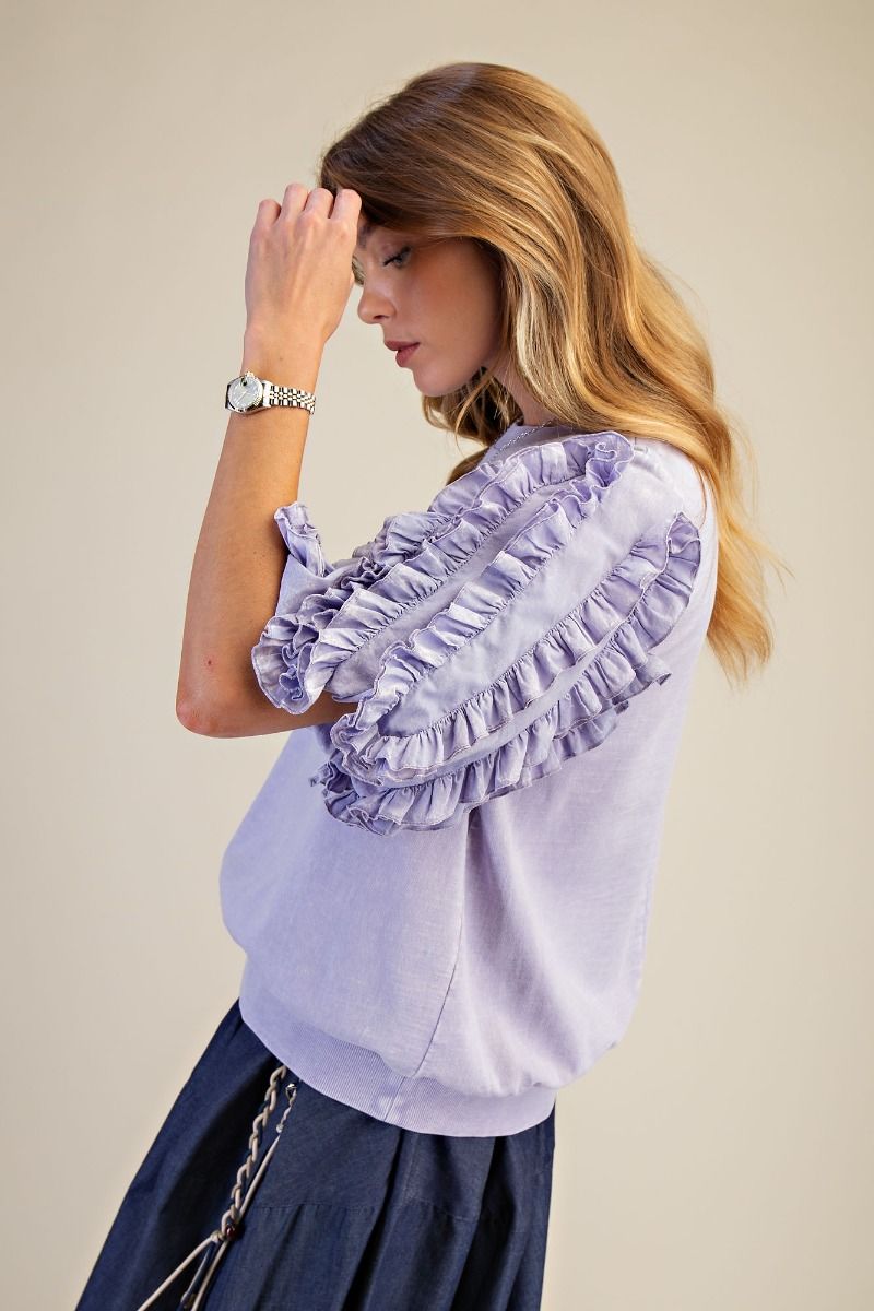 EASEL RUFFLED SLVS MINERAL WASHED TOP-LAVENDER