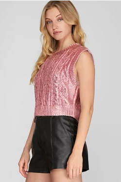 SHE & SKY SLEEVELESS CABLE KNIT METALLIC CROP SWEATER