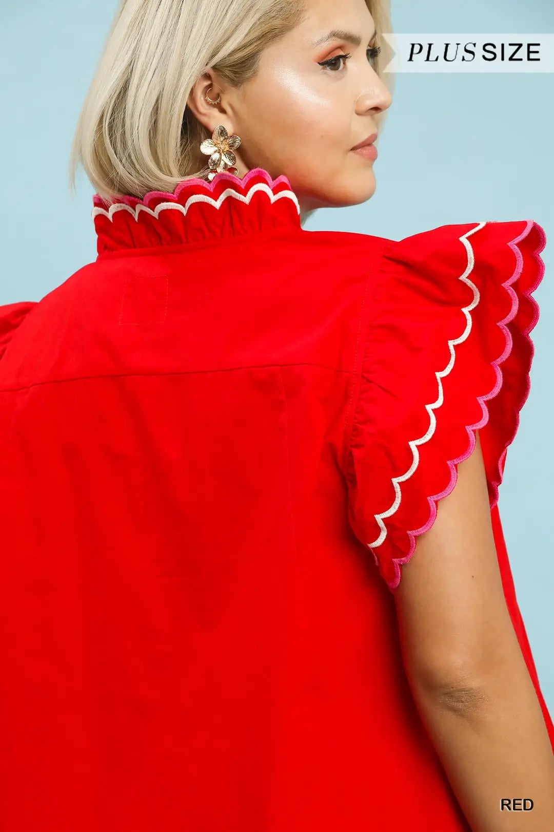 Umgee Scallop Trim Ruffle Sleeve Top-Red