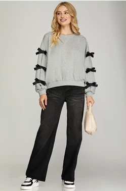 SHE & SKY LONG SLEEVE KNIT FRENCH TERRY SWEATSHIRT TOP WITH TIED RIBBON