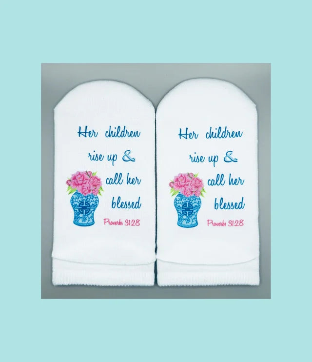 Standing on the Word Socks Ginger Jar Flowers with Verse: Proverbs 31:28 her children rise up